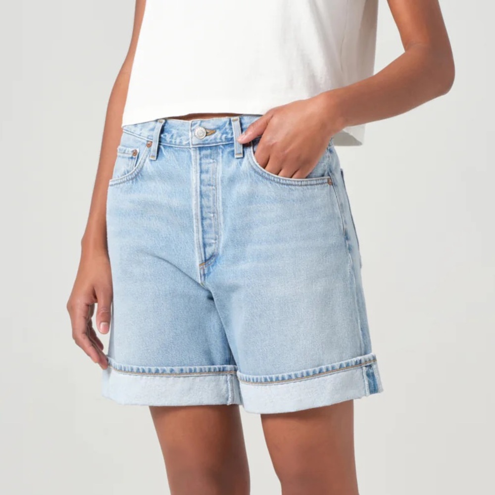 AGOLDE High-Rise Rolled Hem Dame Denim Shorts - Light Blue, EUC Size 28